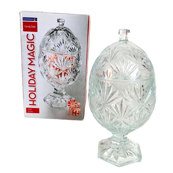 Luminarc USA Holiday Magic Crystal Candy Dish Octagon Pedestal Lid Trinket VTG - Picture 16 of 16